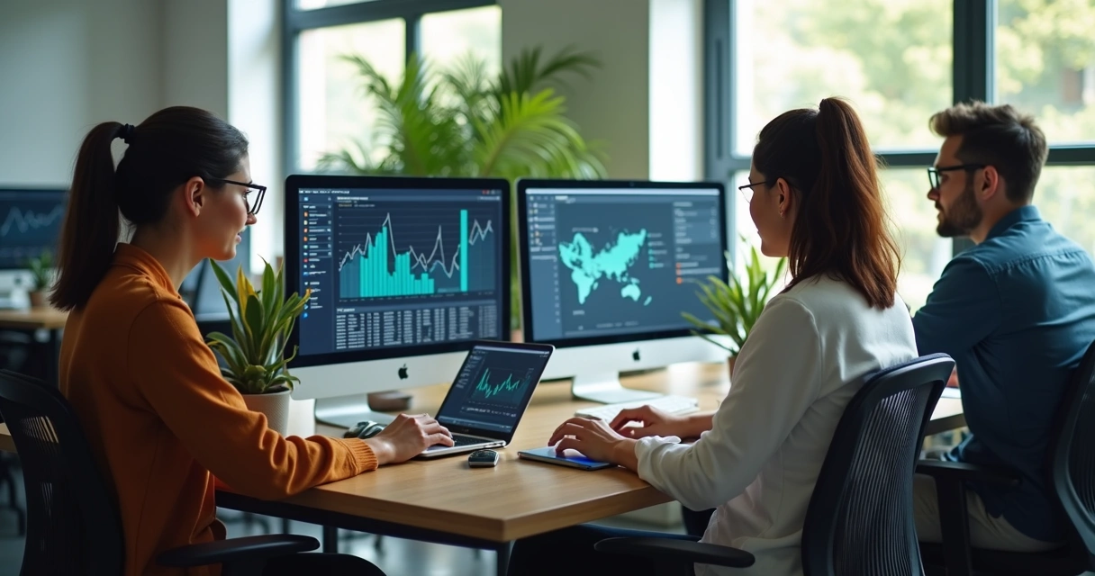 Equipe de agência digital trabalhando em computadores em Mauá, ambiente moderno, tela mostrando gráficos 