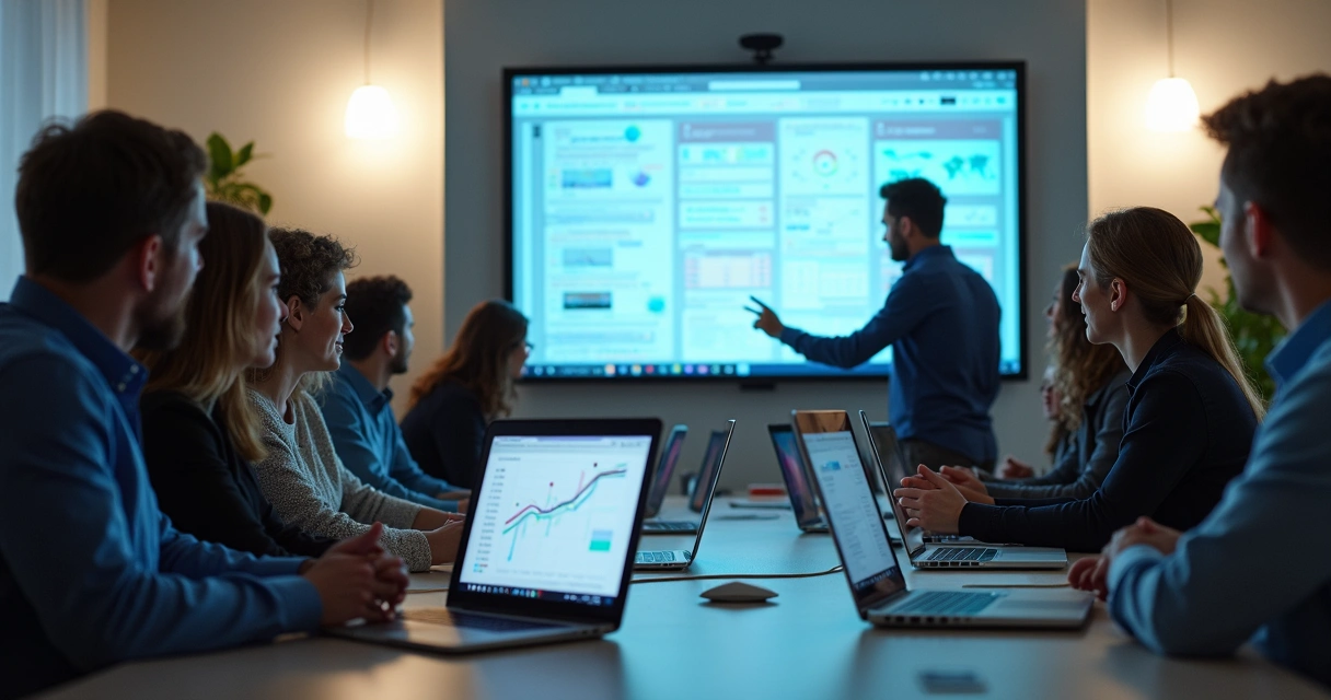 Equipe de agência digital reunida em volta de notebooks executando operações padronizadas 