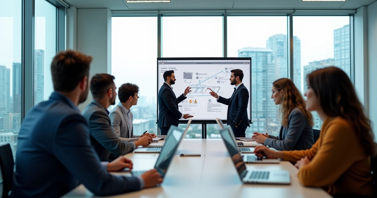 Equipe de agência de criação de sites reunida em sala moderna 