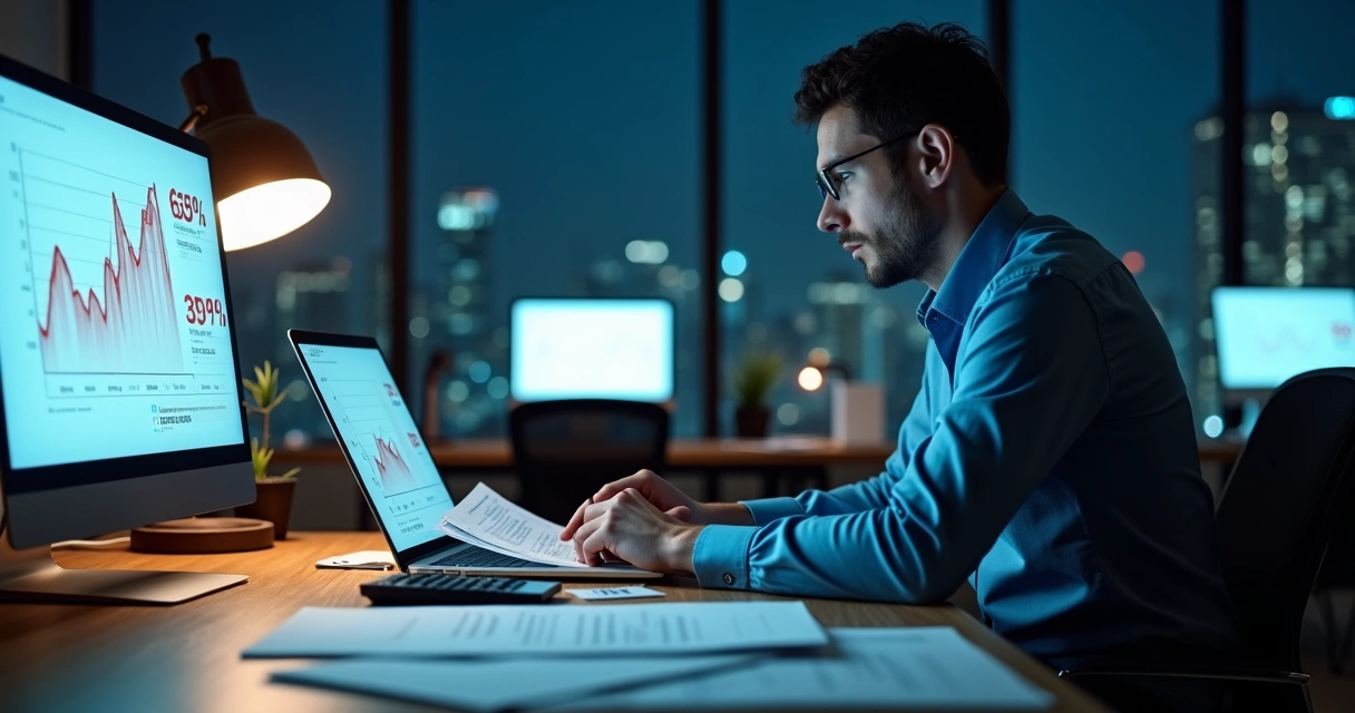 Sócio de agência digital em escritório cercado por números vermelhos de prejuízo 