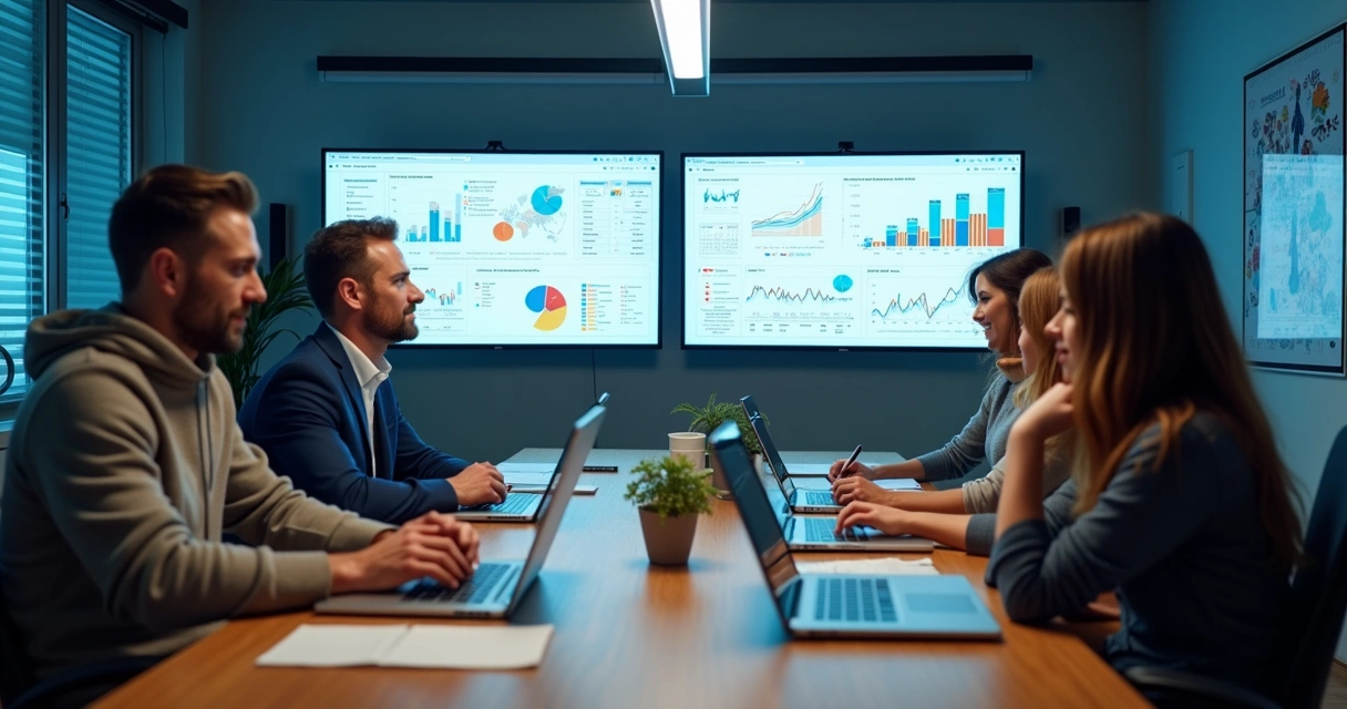 Sala de agência digital em Criciúma com profissionais analisando gráficos em computadores 