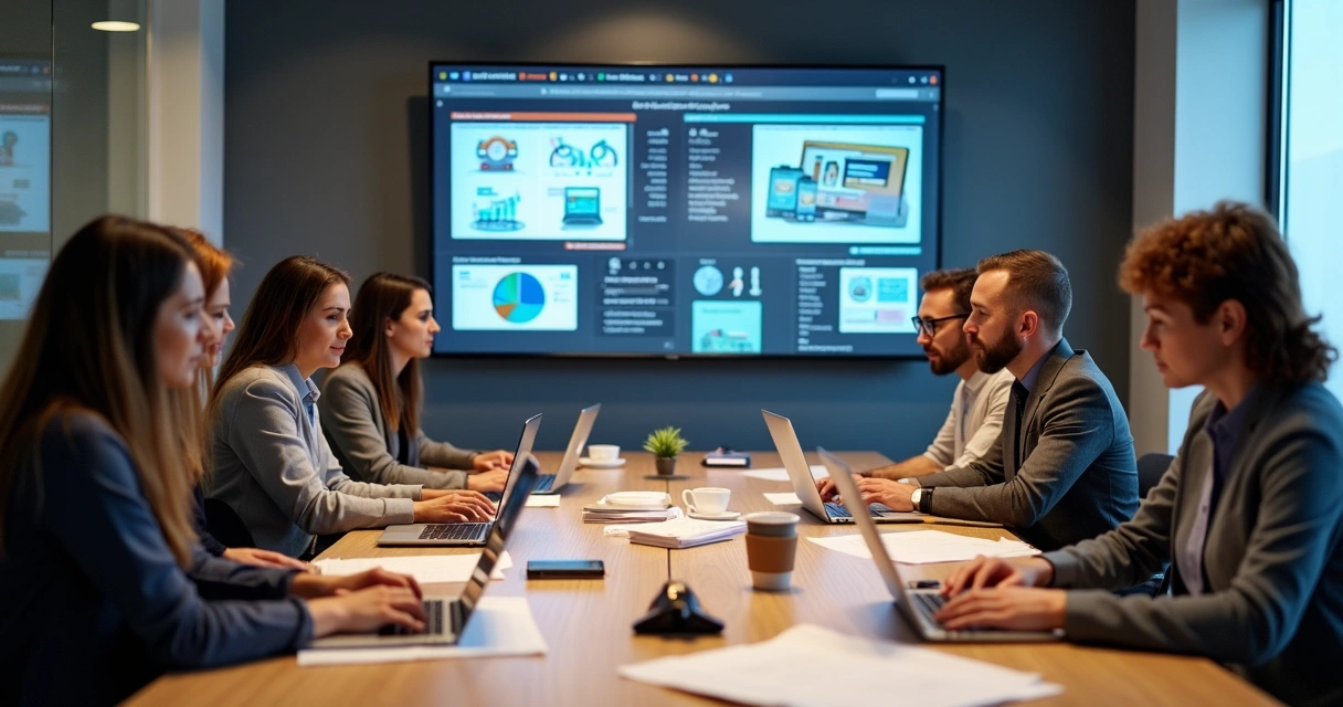 Equipe de agência de marketing reunida olhando projetos de sites na tela 