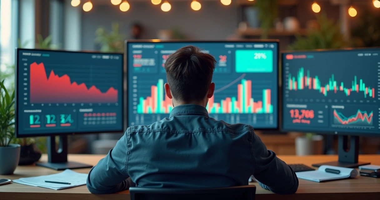 Homem sentado em escritório moderno com expressão preocupada diante de múltiplas telas com gráficos negativos e disparidades financeiras 