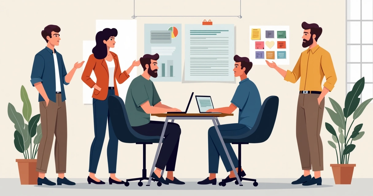 Equipe digital apresentando protótipo a potenciais clientes em ambiente moderno 