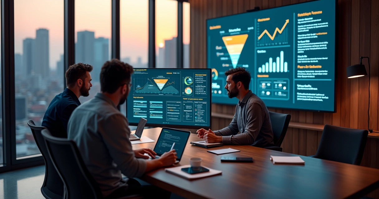 Equipe de agência digital analisando funil de vendas de serviços digitais em telas gigantes 