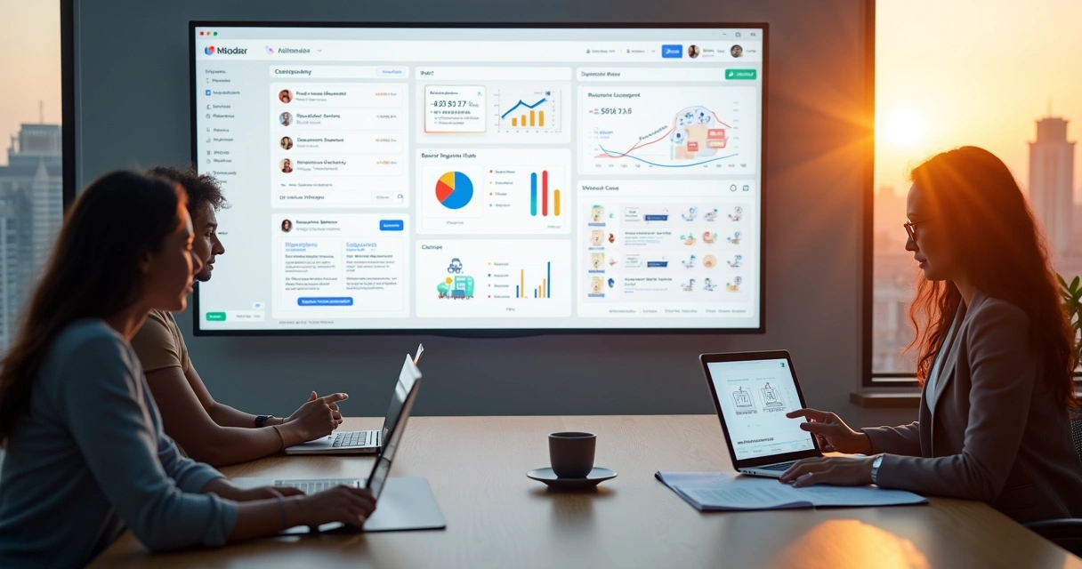 Equipe de agência digital personalizando painel de atendimento whitelabel em escritório moderno 