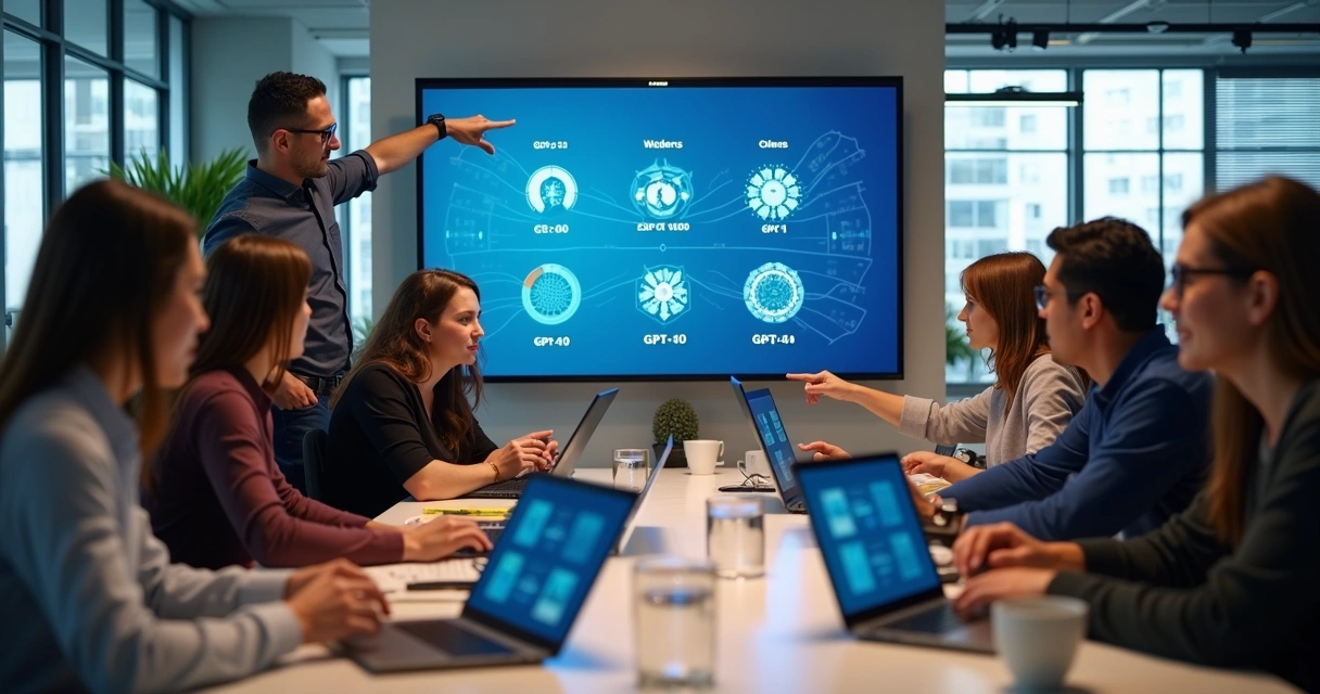 Equipe de agência digital analisando opções de modelo GPT em laptops 