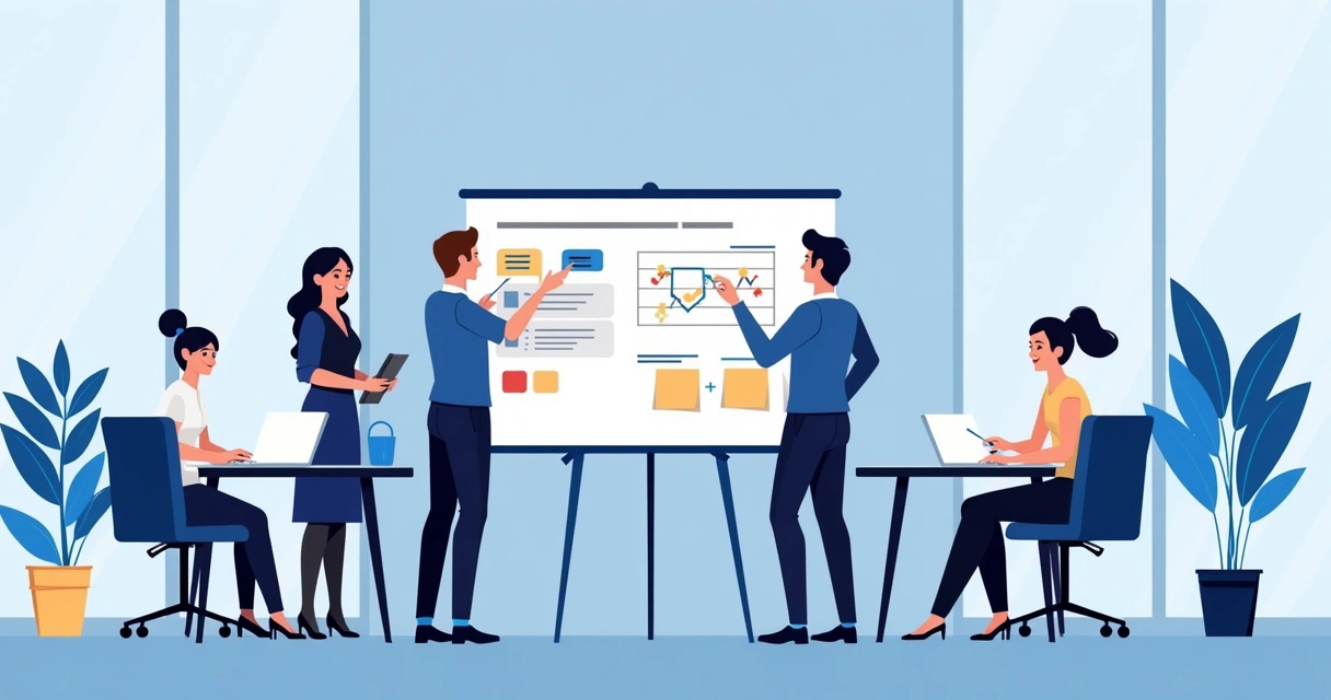 Equipe de agência discutindo requisitos na frente de um quadro branco digital