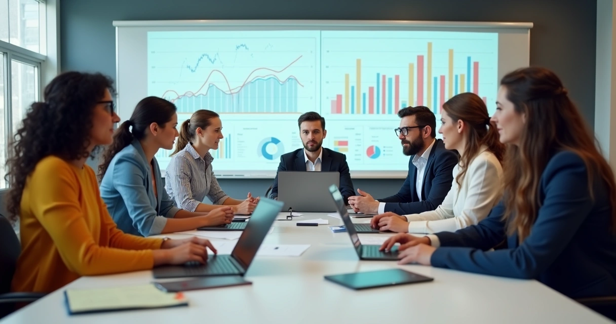 Equipe de marketing digital reunida ao redor de uma mesa com notebooks e papéis, discutindo estratégias para e-commerce 