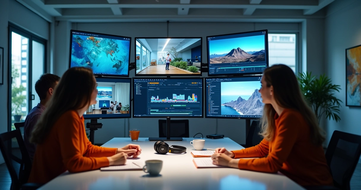 Agency team reviewing short videos on multiple screens 