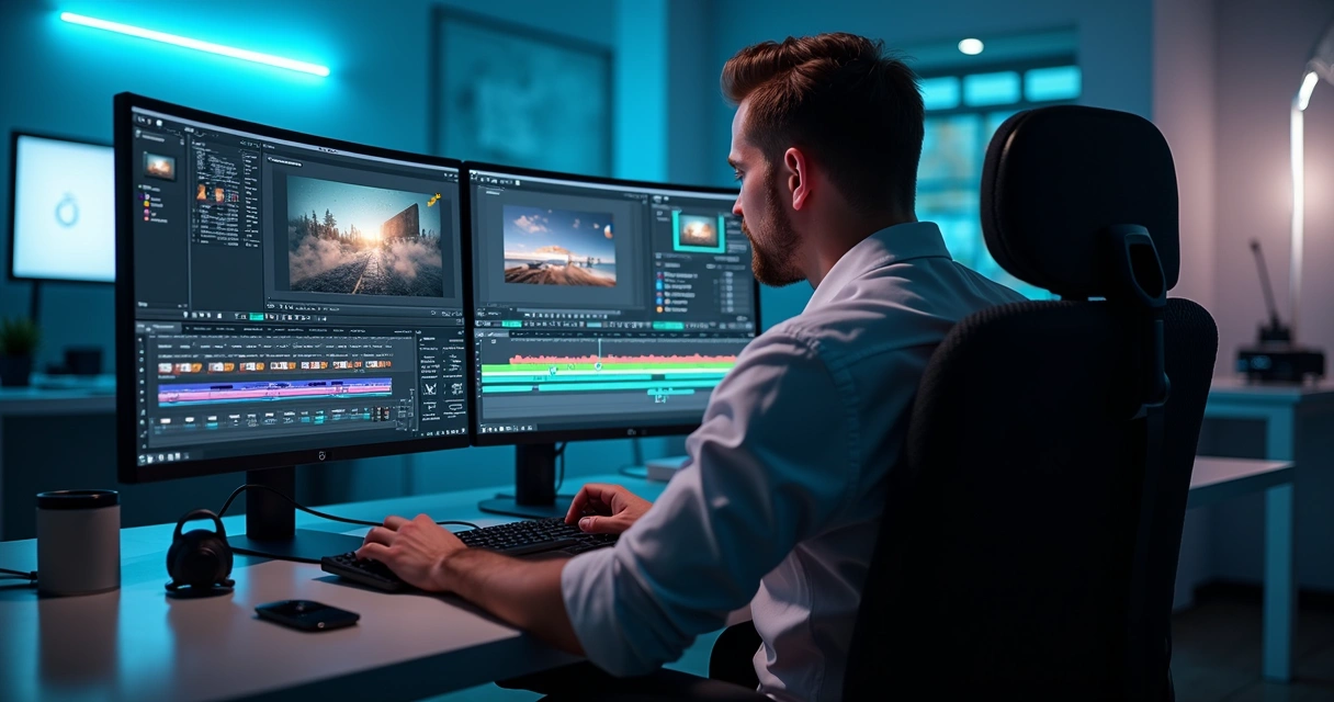 Profissional trabalhando com edição de vídeo utilizando interface moderna e intuitiva 