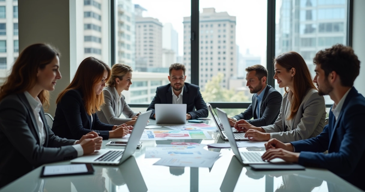 Time multidisciplinar reunido em mesa com papéis e laptops, planejando automação 