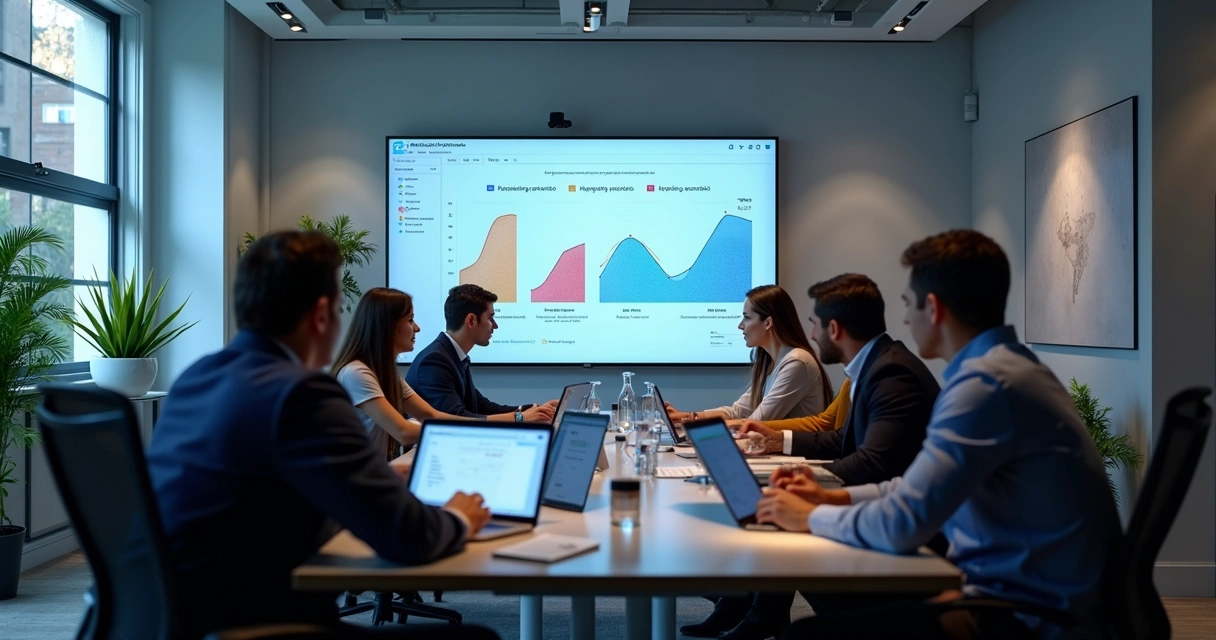 Equipe de agência digital reunida diante de telas com gráficos em Curitiba 