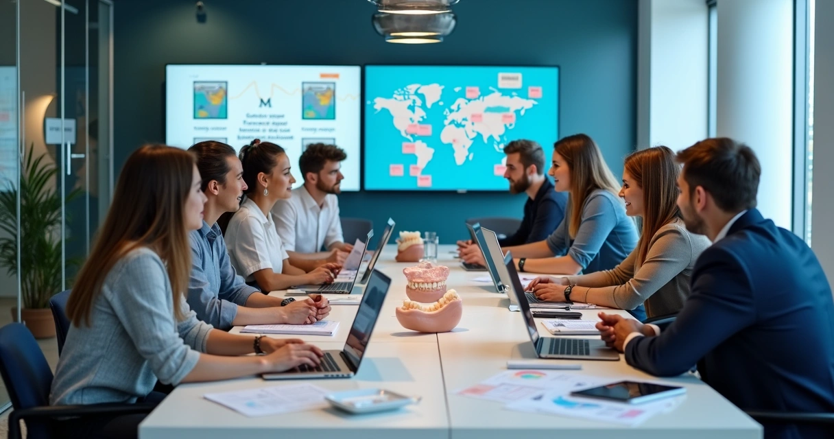Equipe de marketing e consultores discutindo estratégias específicas para clínicas odontológicas, gráficos e site da clínica projetados na sala