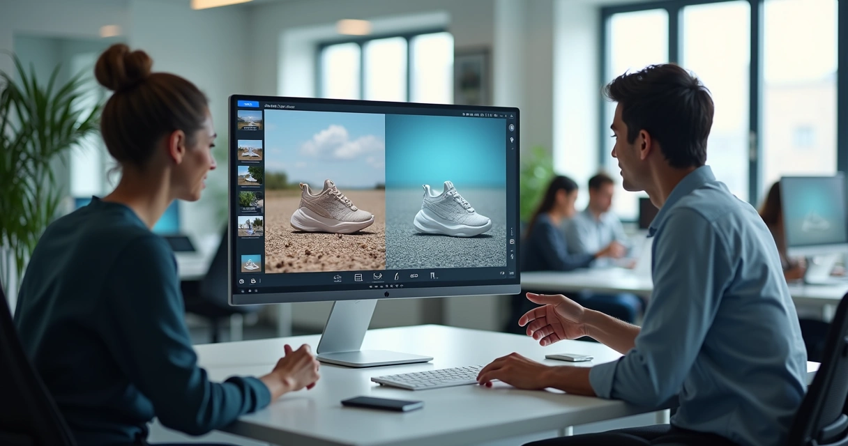 Equipe de agência analisando fotos de produtos em tela com ferramenta de IA 