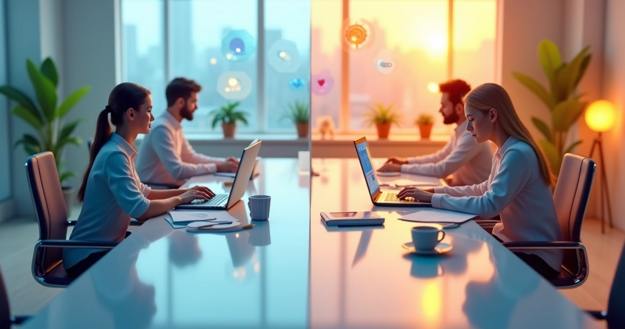 Ilustração 3D comparando agência e freelancer trabalhando em laptops em ambiente moderno 