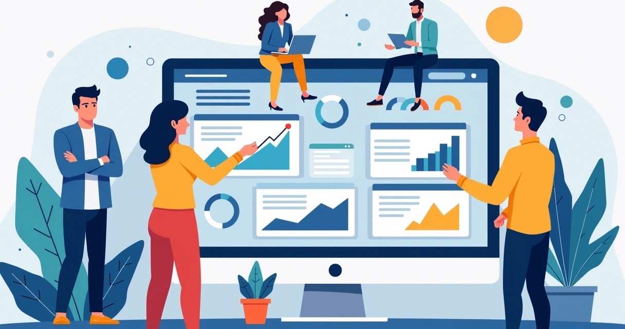 Equipe de agência monitorando várias landing pages na tela central de computador moderno 