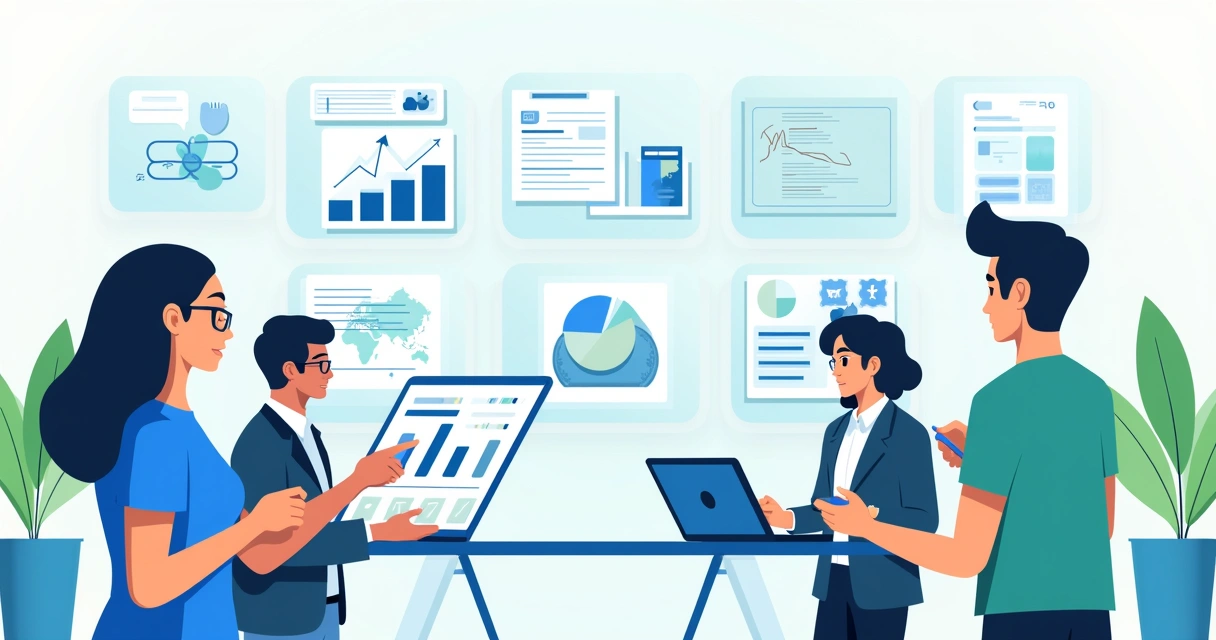 Profissionais em um escritório moderno revisam dados e gráficos sobre inteligência artificial.