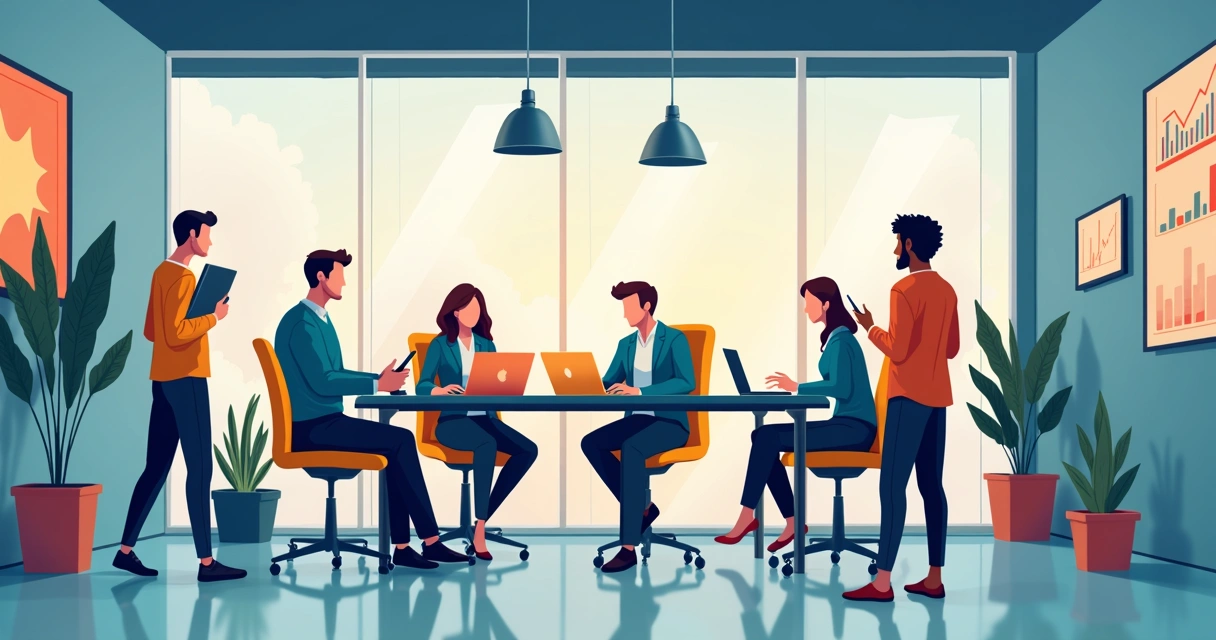 Equipe de agência representada por ilustrações digitais em sala moderna 