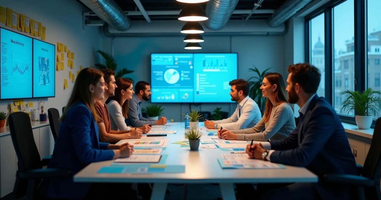 Equipe de agência de marketing digital analisando tendências em uma sala moderna. 