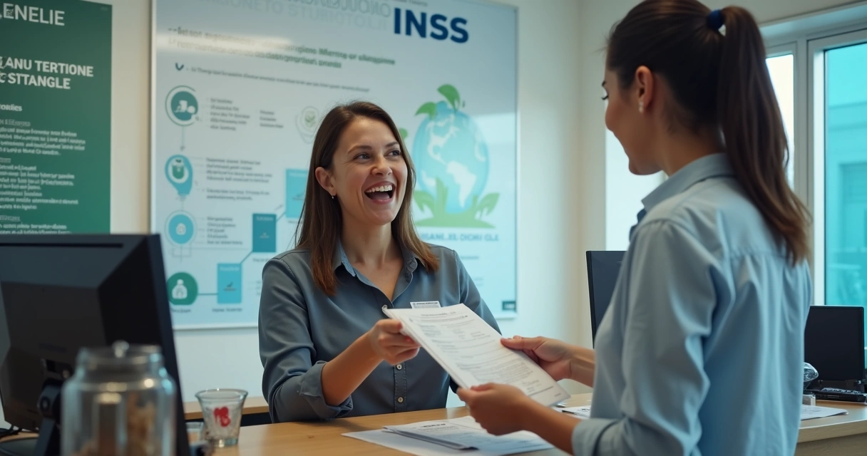 Pessoa conversando com atendente de agência do INSS com pastas e documentos 