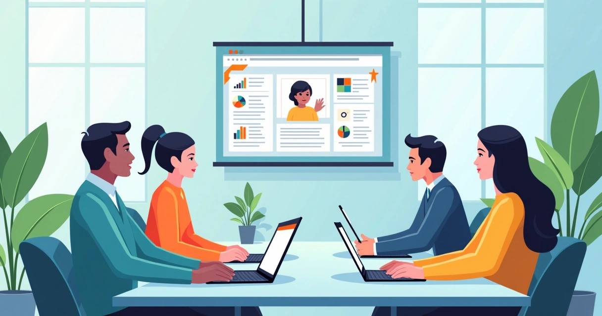 Equipe em uma agência cercada por telas com fluxos de dados sendo conectados
