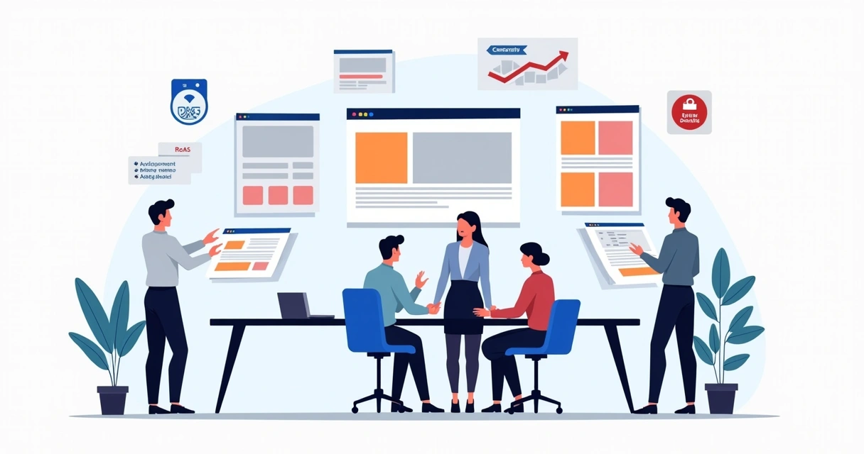Agência digital cercada por telas de landing pages com gráficos de conversão crescente 