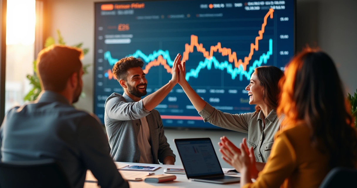 Agência digital comemorando crescimento com gráficos de lucro em tela