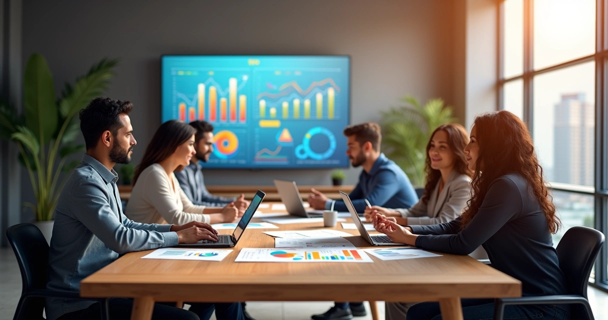 Equipe de marketing em reunião estratégica em escritório moderno 