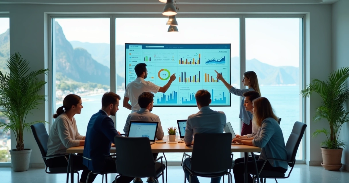 Equipe de marketing reunida em escritório moderno com vista para o mar 