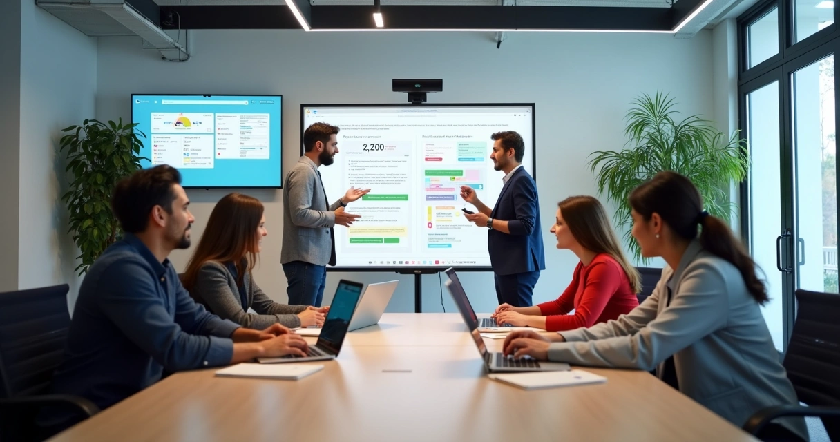 Equipe de marketing reunida em sala de reunião moderna, computadores e quadros estratégicos ao fundo 