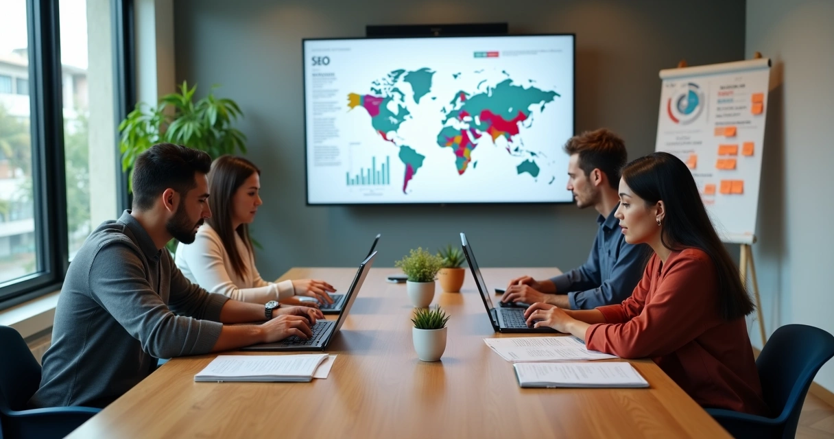 Equipe de marketing em reunião estratégica em escritório moderno 