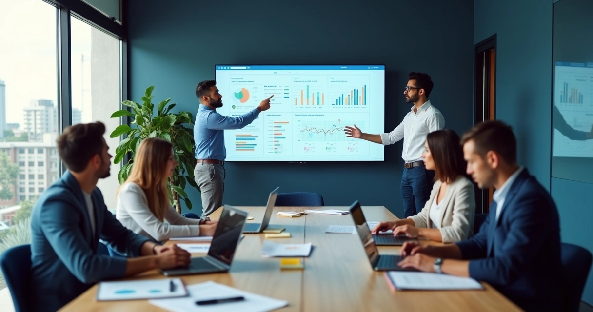 Equipe de marketing em reunião estratégica em escritório moderno em Belford Roxo 