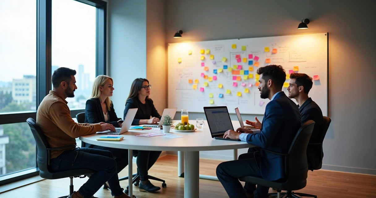 Sala moderna com equipe reunida em reunião criativa 