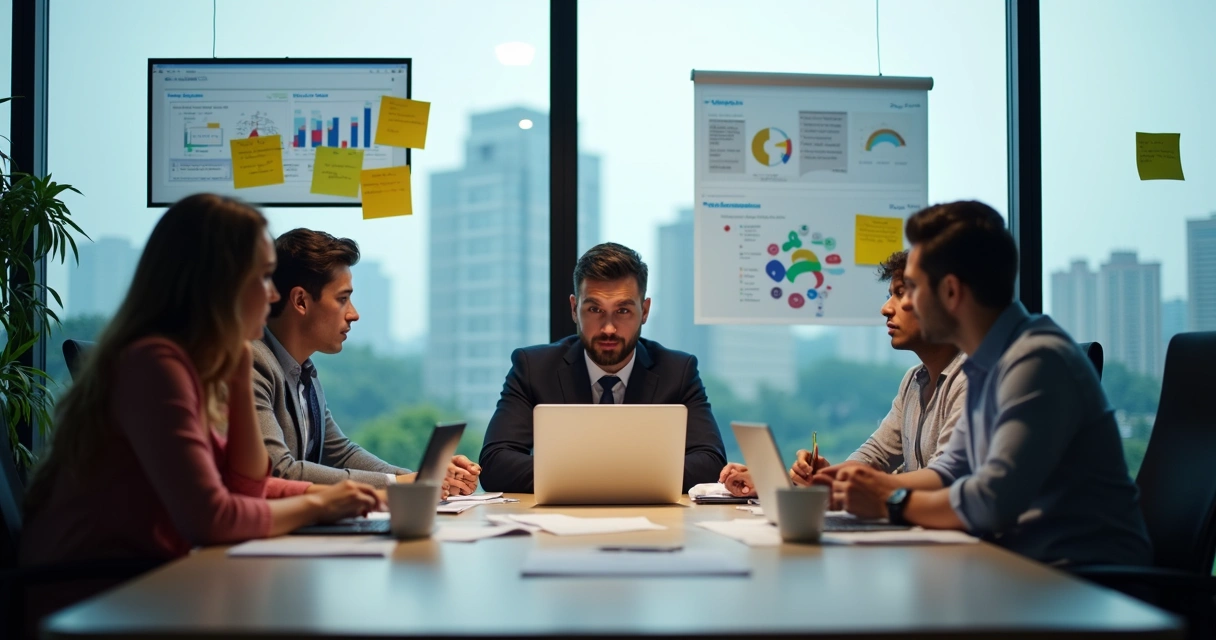 Equipe de marketing reunida em sala moderna em Blumenau 