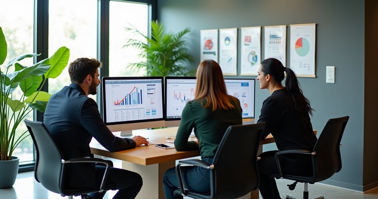 Equipe de marketing reunida em sala moderna, analisando gráficos em computadores 