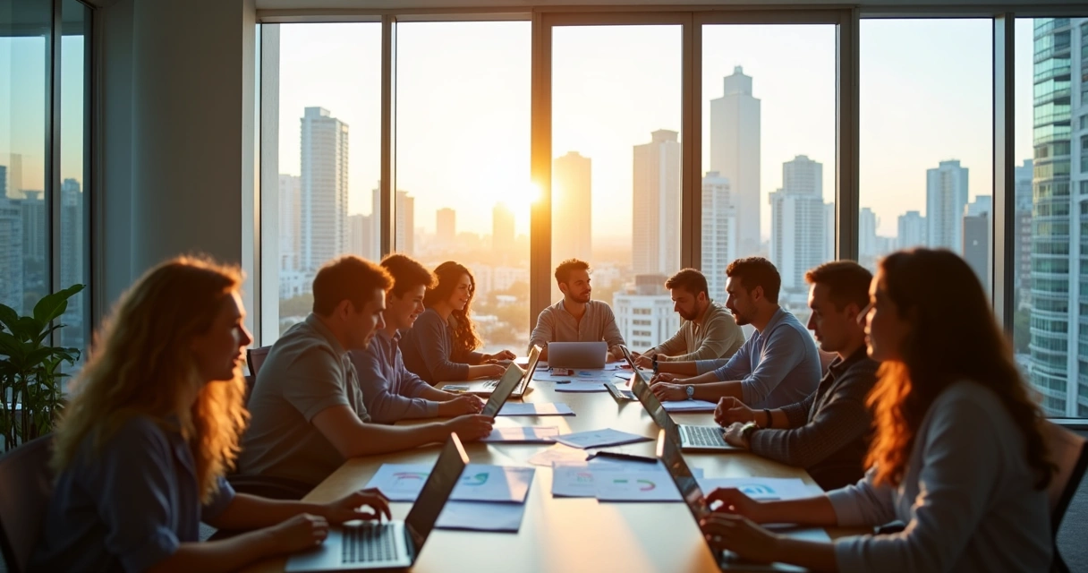 Equipe de marketing trabalhando juntos em computadores em escritório de Brasília 