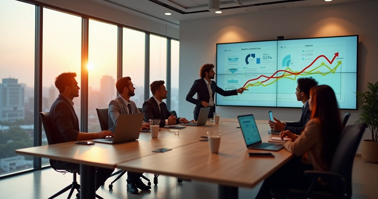 Equipe de marketing reunida em escritório moderno com vista para Brasília 