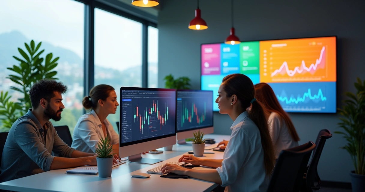 Equipe de marketing digital trabalhando em escritório moderno com múltiplos computadores, gráficos e painéis na parede 