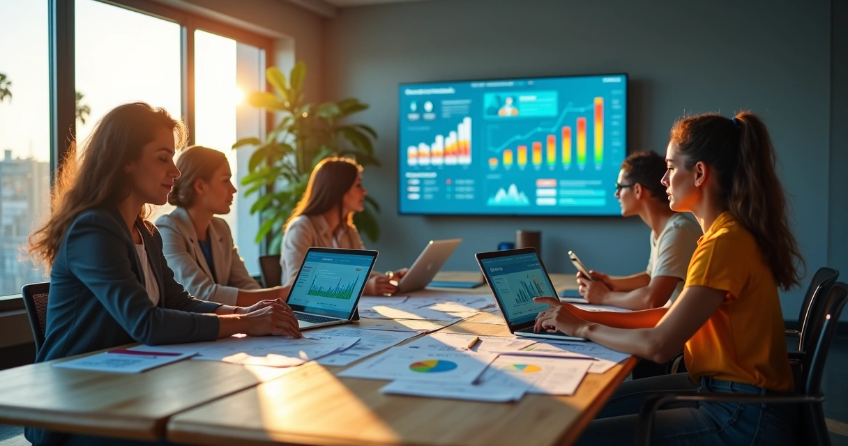 Equipe de marketing em reunião estratégica em escritório moderno 