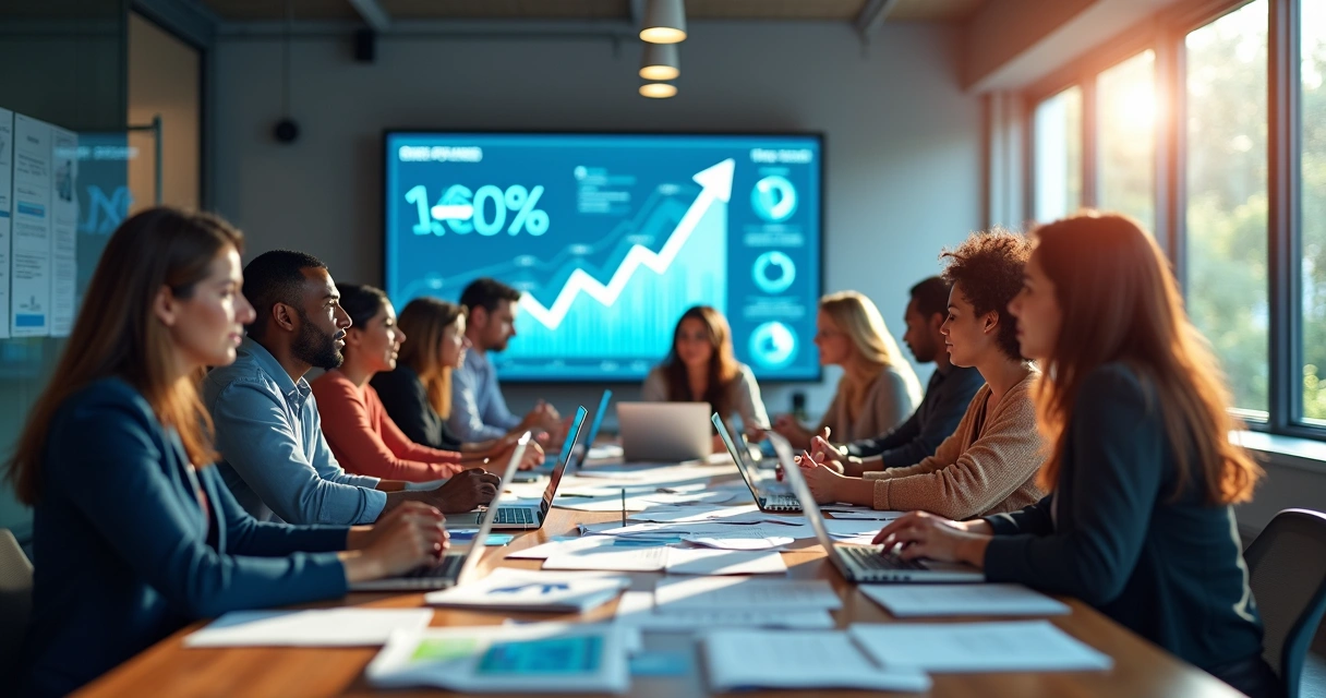 Equipe de profissionais de marketing reunida em sala moderna, trabalhando em estratégias digitais 