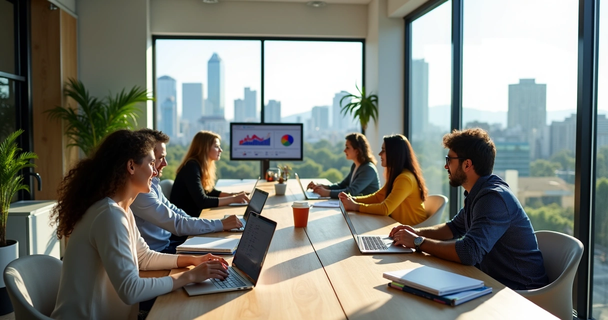 Equipe de marketing reunida em escritório moderno com vista para Curitiba 