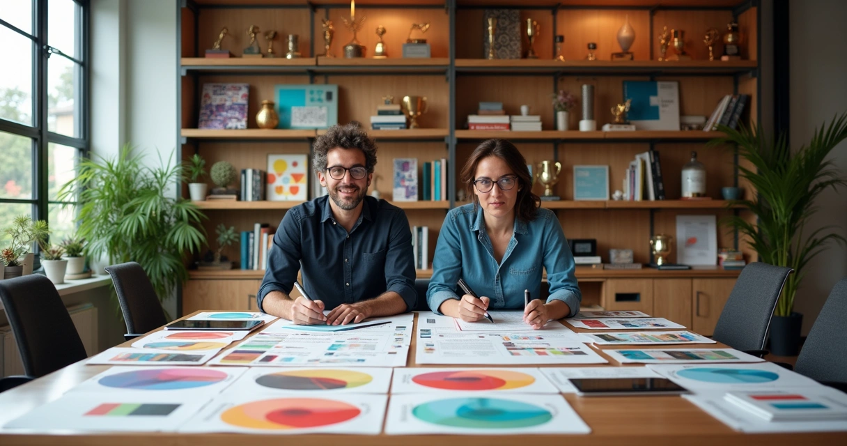 Designers trabalhando em projetos de identidade visual em agência criativa. 