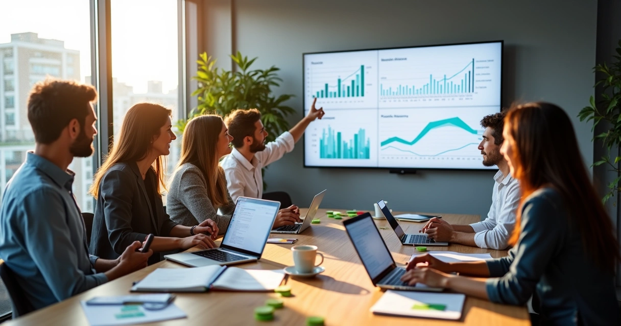Equipe de marketing em reunião estratégica em escritório moderno 