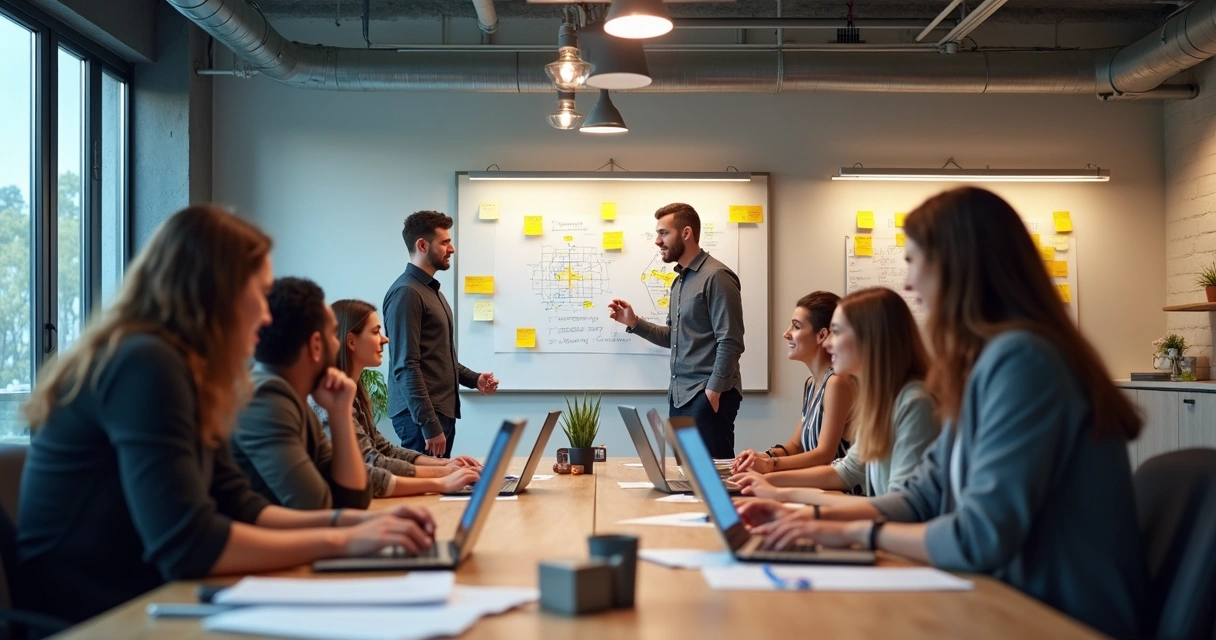 Equipe de agência de marketing digital planejando conteúdo em sala de reuniões moderna