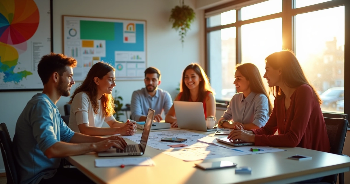Equipe de marketing digital trabalhando unida em ambiente de agência em Embu das Artes 