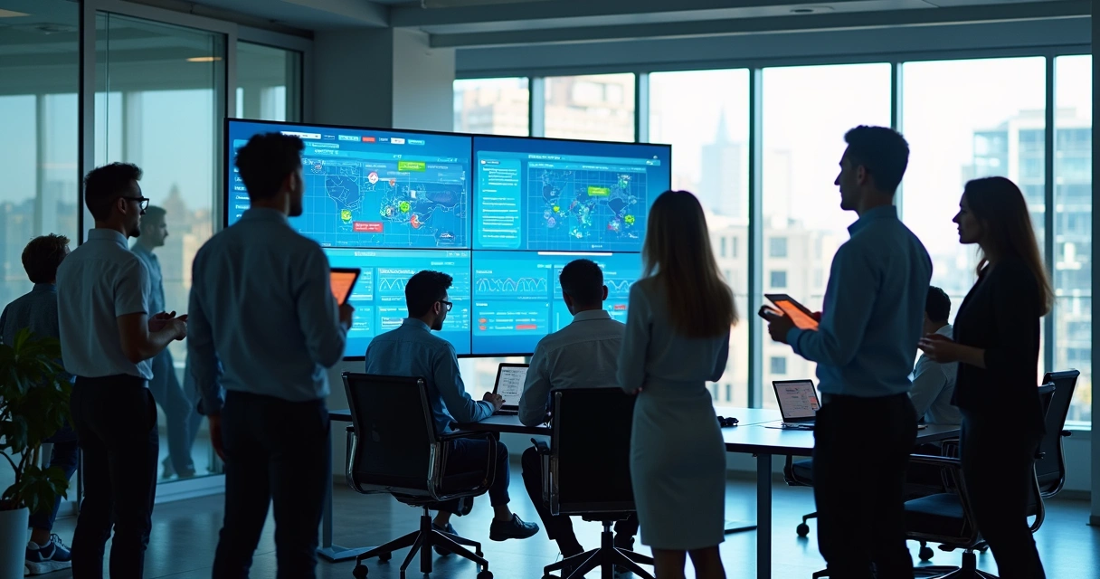 Equipe de agência de marketing analisando gráficos em telas grandes 