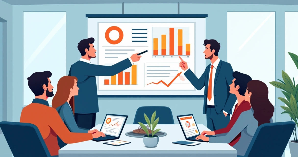 Equipe de agência de marketing digital discutindo landing pages em uma reunião 