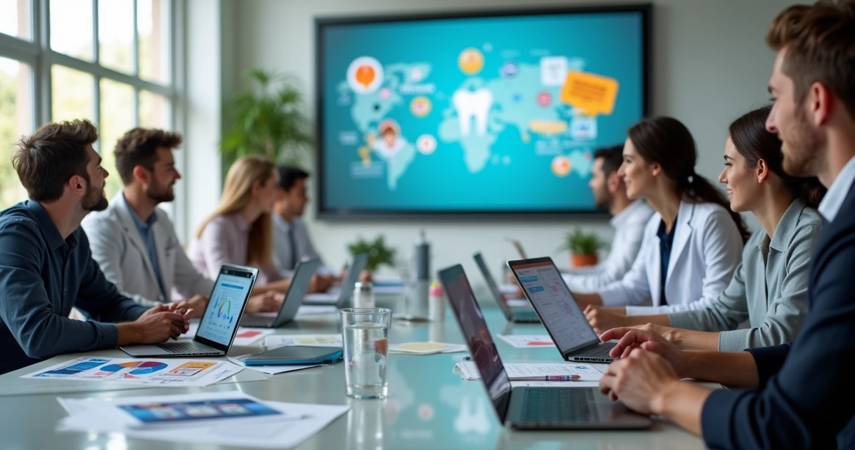Equipe de marketing digital reunida ao redor de mesa com materiais de dentista e notebooks abertos 
