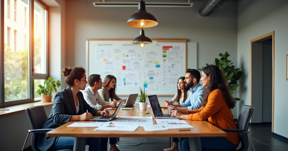 Equipe de agência de marketing digital baiana reunida em mesa de trabalho colaborativo 